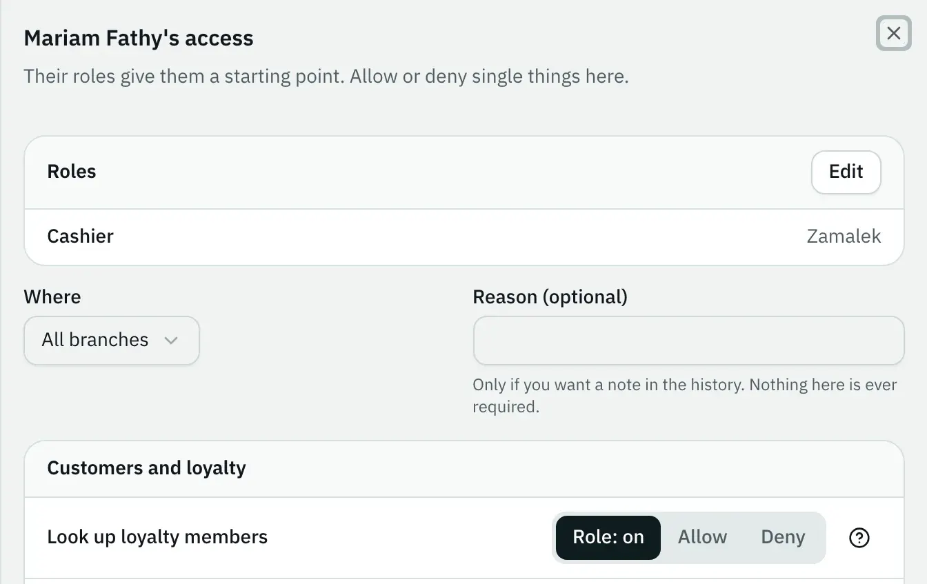 A cashier's access: role, branches, and each permission allowed or denied