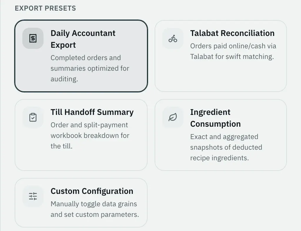 Export presets for the accountant and the till