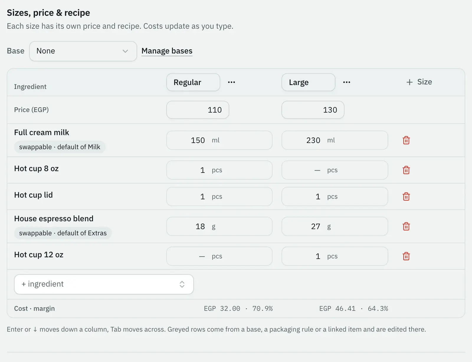 Madar's menu studio: a cappuccino's recipe for each size, with its cost and margin worked out