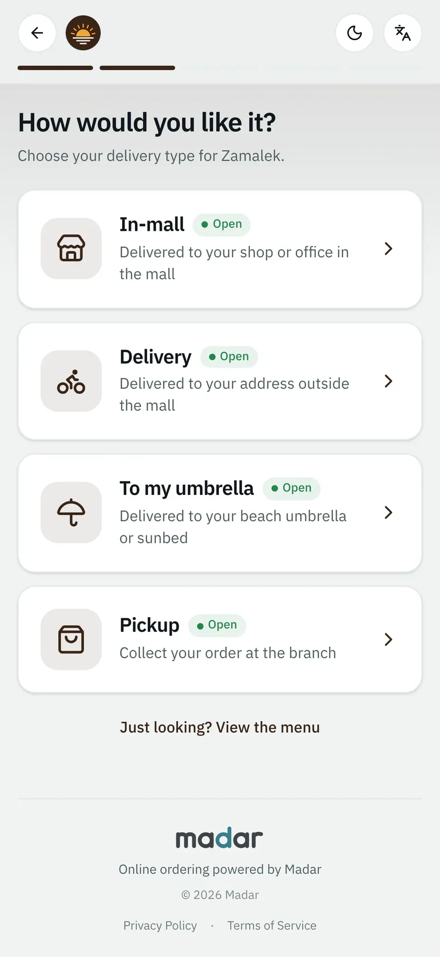 Choosing how to receive it: pickup, delivery, in-mall or umbrella