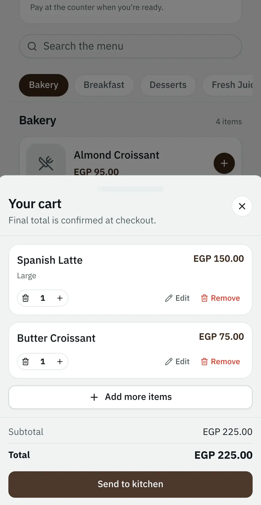 Ordering from a table's QR code: the basket before it's sent as a round