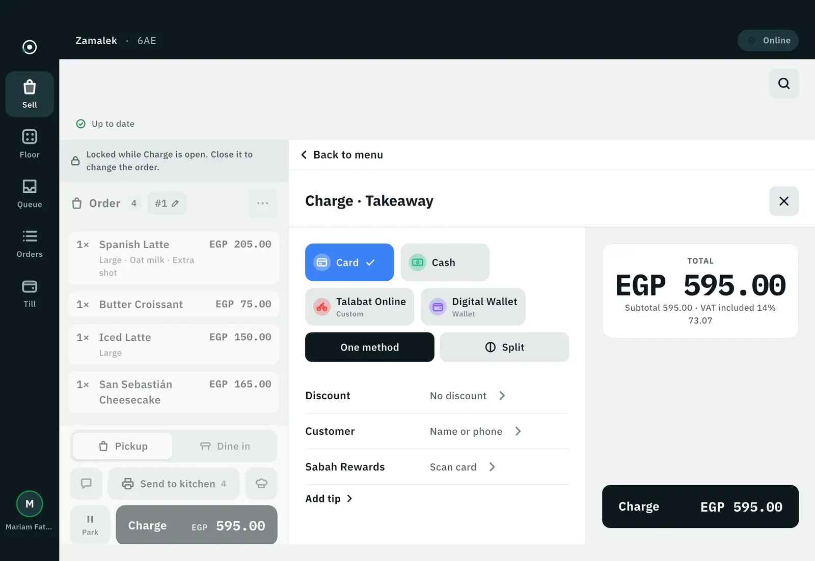 The charge sheet: cash, card, wallet and partner methods, with split, discount and tip in one pane